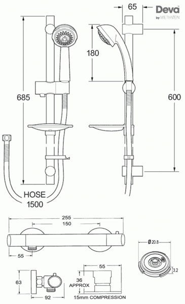 Technical image of Deva Vision Thermostatic Bar Shower Valve With Multi Mode Kit & Flow Regulator.