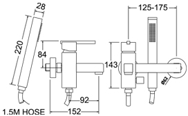 Technical image of Deva Zonos Wall Mounted Bath Shower Mixer Tap With Shower Kit.