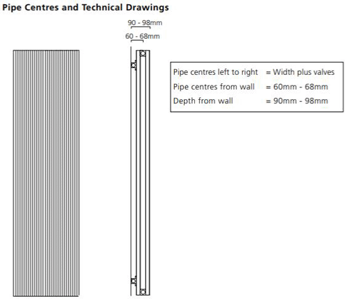 Technical image of EcoHeat Hadlow Vertical Aluminium Radiator 1526x400 (White).