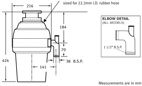 Technical image of Franke Turbo WD1001 Continuous Feed Waste Disposal Unit.