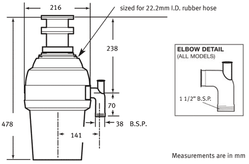 Technical image of Franke Turbo WD1001B Batch Feed Waste Disposal Unit.