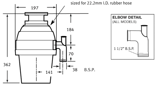 Technical image of Franke Turbo WD500 Continuous Feed Waste Disposal Unit.