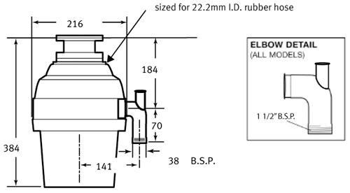 Technical image of Franke Turbo WD751 Continuous Feed Waste Disposal Unit.