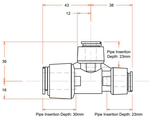 Technical image of FloFit+ Push Fit Reducing Tee (15mm / 10mm / 10mm).
