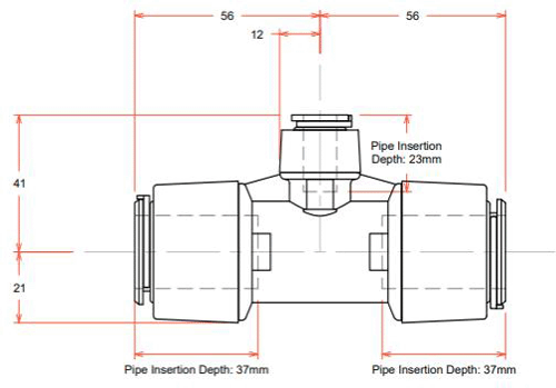 Technical image of FloFit+ Push Fit Reducing Tee (22mm / 22mm / 10mm).