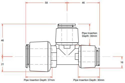 Technical image of FloFit+ Push Fit Reducing Tee (22mm / 15mm / 15mm).