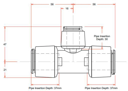 Technical image of FloFit+ Push Fit Reducing Tee (22mm / 22mm / 15mm).