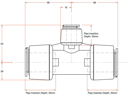 Technical image of FloFit+ Push Fit Reducing Tee (28mm / 28mm / 15mm).