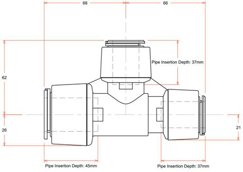 Technical image of FloFit+ 5 x Push Fit Reducing Tees (28mm / 22mm / 22mm).