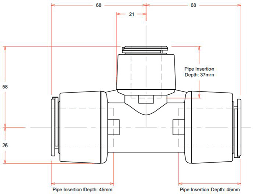 Technical image of FloFit+ Push Fit Reducing Tee (28mm / 28mm / 22mm).