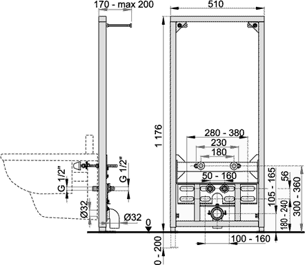 Technical image of Pegler Frames Frame For Wall Hung Bidet (1176x510mm).