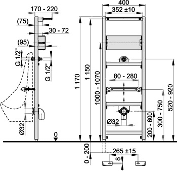 Technical image of Pegler Frames Frame For Wall Hung Urinal (1170x400mm).