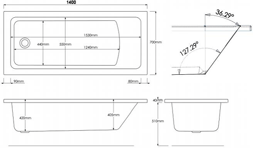 Technical image of Hydracast Solarna Single Ended Bath (1400x700mm).