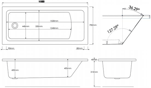 Technical image of Hydracast Solarna Single Ended Bath (1500x700mm).