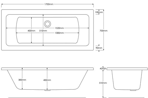 Technical image of Hydracast Solarna Double Ended Whirlpool Bath With 14 Jets (1700x700mm).