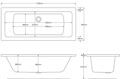 Technical image of Hydracast Solarna Double Ended Bath (1700x700mm).