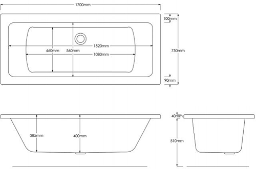 Technical image of Hydracast Solarna Double Ended Bath (1700x750mm).