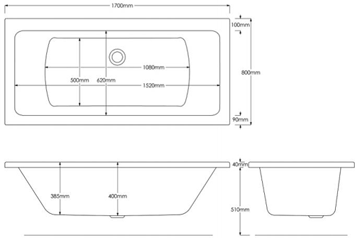 Technical image of Hydracast Solarna Double Ended Whirlpool Bath With 8 Jets (1700x800mm).