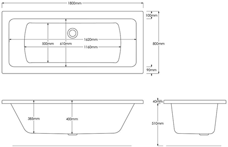 Technical image of Hydracast Solarna Double Ended Bath (1800x800mm).