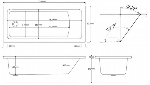 Technical image of Hydracast Solarna Single Ended Bath (1800x800mm).