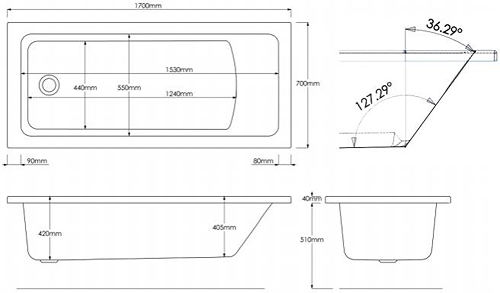 Technical image of Hydrabath Solarna Single Ended Whirlpool Bath With 8 Jets (1700x700mm).