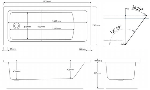 Technical image of Hydrabath Solarna Single Ended Turbo Whirlpool Bath With 14 Jets (1700x750mm)