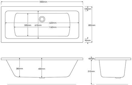 Technical image of Hydrabath Solarna Double Ended Whirlpool Bath With 11 Jets (1800x800mm).
