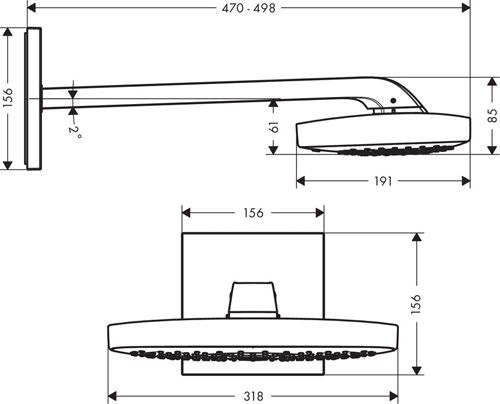 Technical image of Hansgrohe Raindance E 300 3 Jet Shower Head & Arm (300x190mm, Chrome).