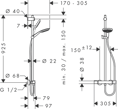 Technical image of Hansgrohe Raindance Select E 150 Semipipe Shower Pack (Chrome).