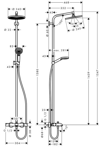 Technical image of Hansgrohe Crometta S 240 1 Jet Showerpipe Pack With Bath Filler Spout, CLEARANCE.