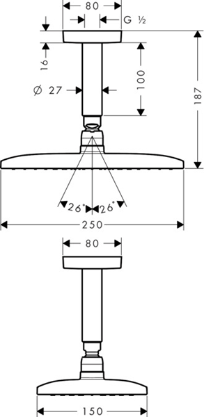 Technical image of Hansgrohe Raindance E 240 1 Jet Shower Head & Arm (250x150, EcoSmart).