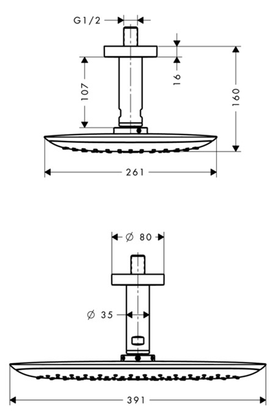 Technical image of Hansgrohe PuraVida 400 Air 1 Jet Shower Head (390x260, White & Chrome).
