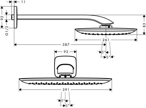 Technical image of Hansgrohe PuraVida 400 Shower Head & Wall Arm (390x260, White & Chrome).