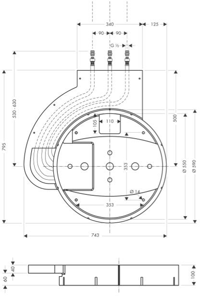 Technical image of Hansgrohe Raindance Rainmaker Basic Set For Overhead Shower 600 3 Jet.