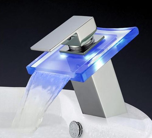 Larger image of Hydra LED Square Glass Waterfall Basin Tap With LED lights (Chrome).