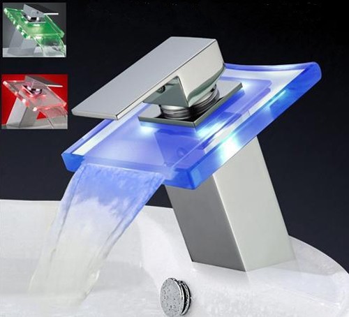 Example image of Hydra LED Square Glass Waterfall Basin Tap With LED lights (Chrome).