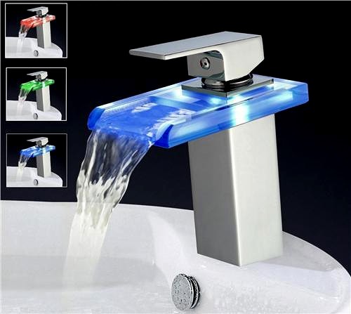 Example image of Hydra LED Rectangular Glass Waterfall Basin Tap With LED lights (Chrome).