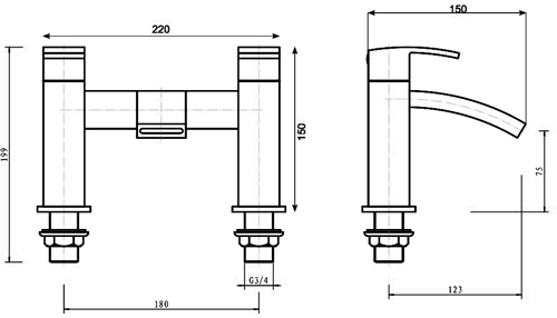 Technical image of Hydra Asti Waterfall basin & Bath Filler Tap Set (Chrome).