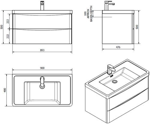 Technical image of Italia Furniture Bali Bathroom Furniture Pack 01 (Chestnut).