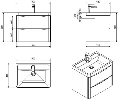 Technical image of Italia Furniture Bali Bathroom Furniture Pack 03 (Chestnut).