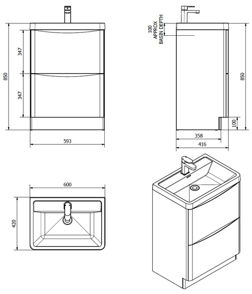 Technical image of Italia Furniture Bali Bathroom Furniture Pack 04 (Chestnut).