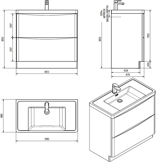 Technical image of Italia Furniture Bali Bathroom Furniture Pack 05 (Gloss White).