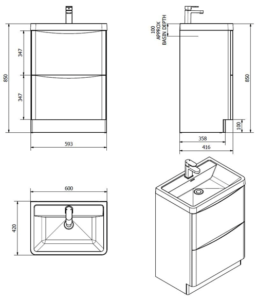 Technical image of Italia Furniture Bali Bathroom Furniture Pack 06 (White Ash).