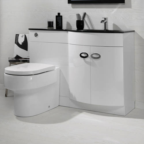 Example image of Italia Furniture Vanity Unit Pack With BTW Unit & Black Glass Basin (RH, White).