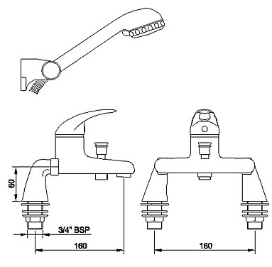 Technical image of Hydra Bath Shower Mixer With Shower Kit (Chrome, Single Lever)