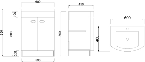 Technical image of Italia Furniture D Shaped Vanity Unit With White Basin (White).