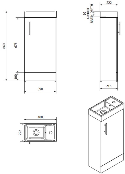 Technical image of Italia Furniture Compact Vanity Unit With Ceramic Basin (Medium Oak).