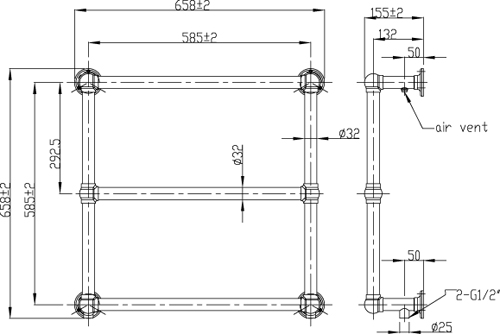 Technical image of Oxford Traditional Wall Mounted Towel Radiator 658x658mm (Chrome).