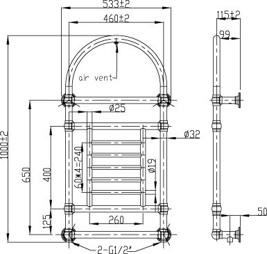Technical image of Oxford Traditional Wall Mounted Towel Radiator 1000x535mm (Chrome).