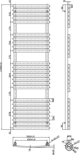 Technical image of Oxford Orchid Towel Radiator 1700x500mm (White).